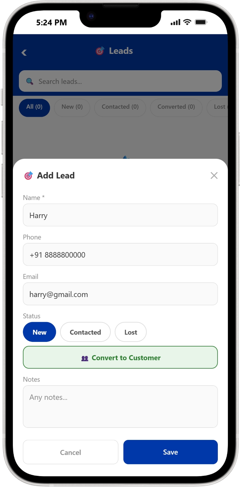 Leads pipeline with status filters